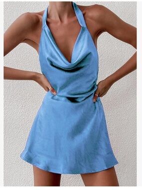 Sky Blue Satin Halter Cowl Mini Dress